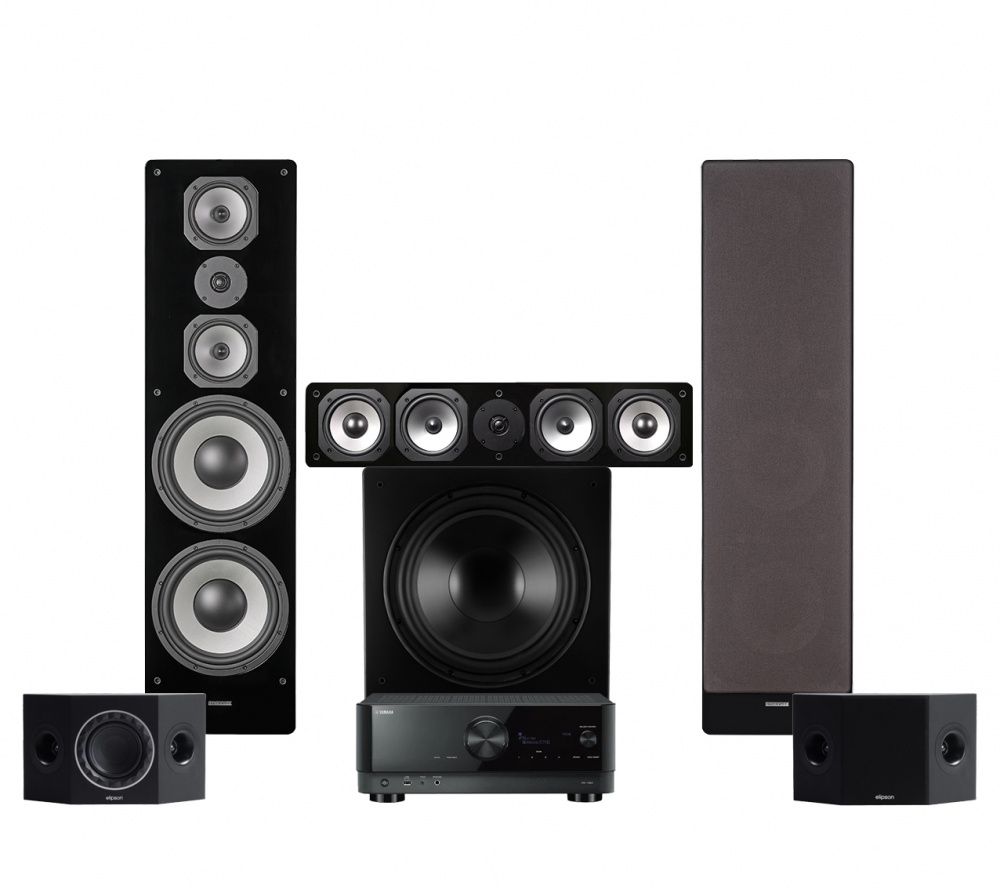 Hemmabiosystem med högtalare, subwoofer och receiver i svart.