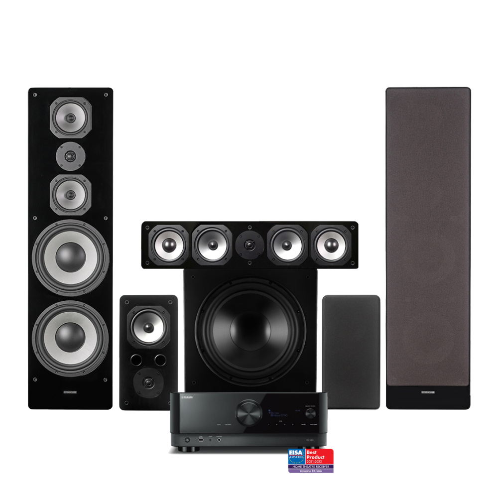 Hemmabiohögtalare och förstärkare i svart med flera högtalare och subwoofer.