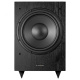 System One A50BT & System One S15B med MW10, stereopaket En svart subwoofer med rund bashögtalare och ställbara fötter.