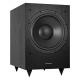 Dynavoice Magic S-4 EX 5.1 högtalarpaket med Magic MW10, svart En svart subwoofer med en stor basdel och fyra ben.