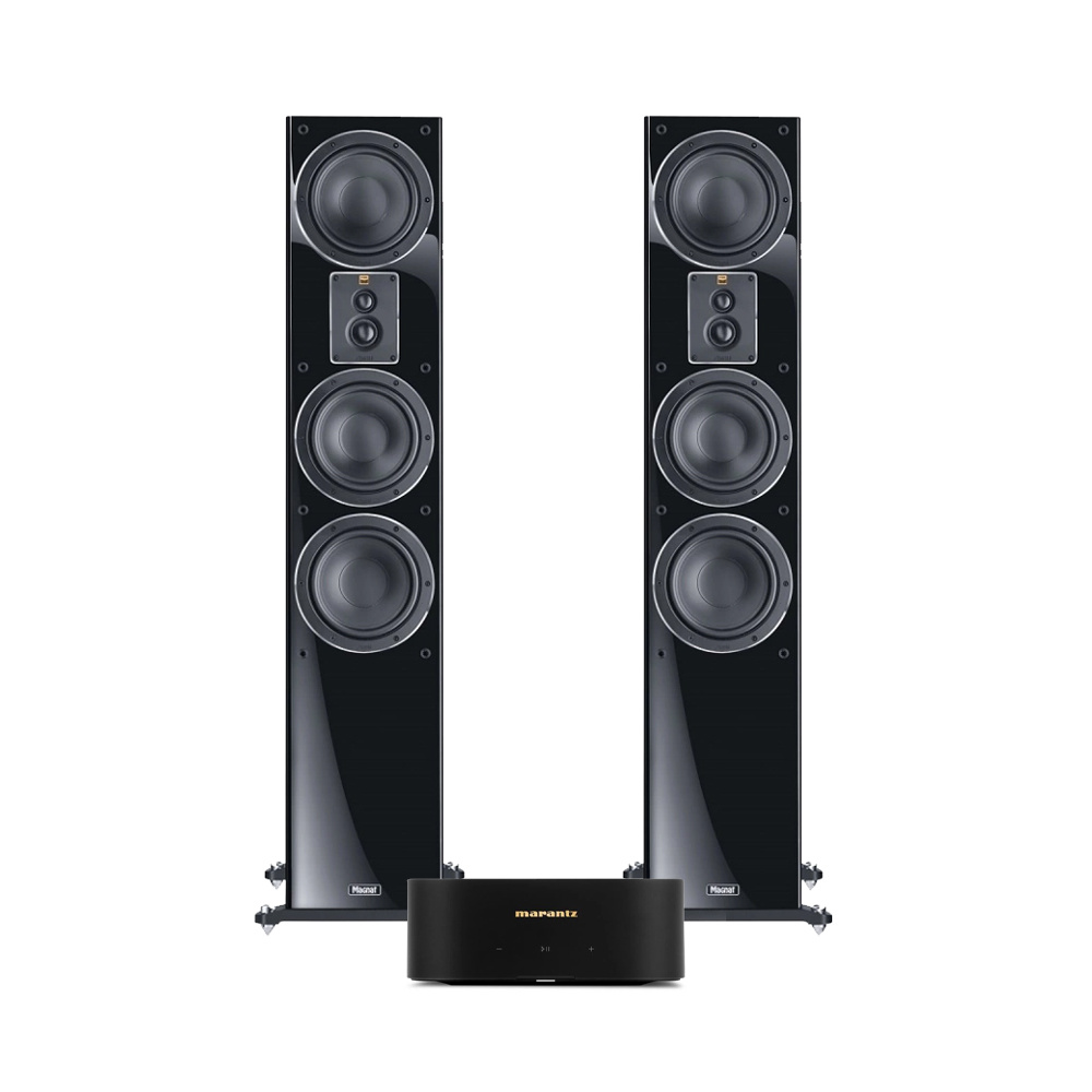 Stereopaket med svarta golvstående högtalare och en förstärkare.