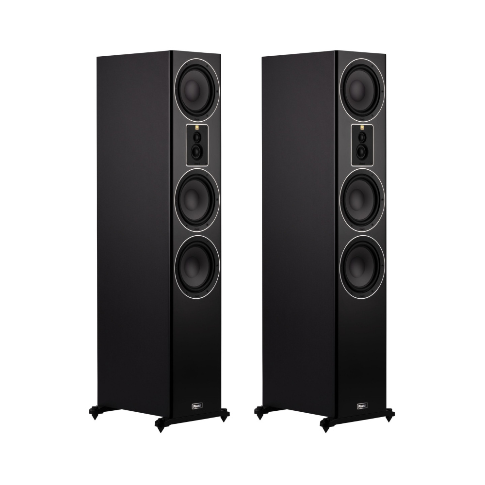 Två svarta golvhögtalare med tre element och elegant design.