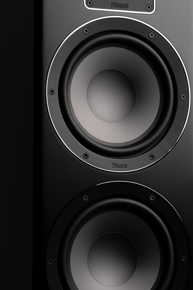 Högtalare med dubbla baselement i svart finish.