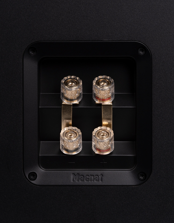 Högtalaranslutningar i mattsvart design med fyra terminaler.