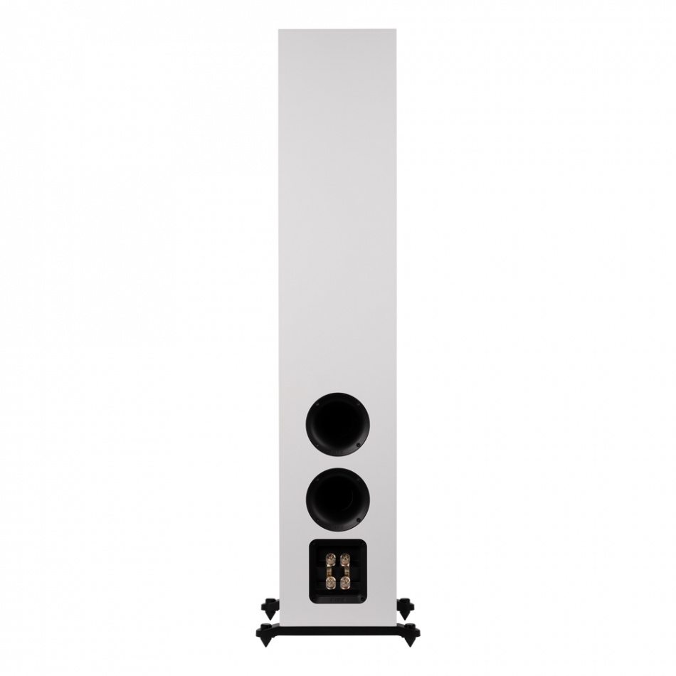 Högtalare i matt vitt med två basportar och anslutningar nedtill.