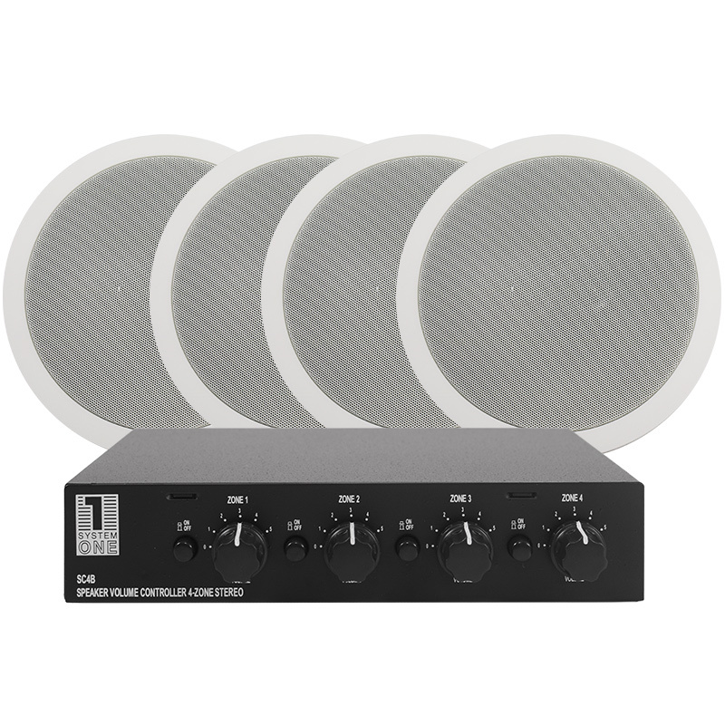 Högtalare och högtalarväxel med fyra runda element och kontroller.