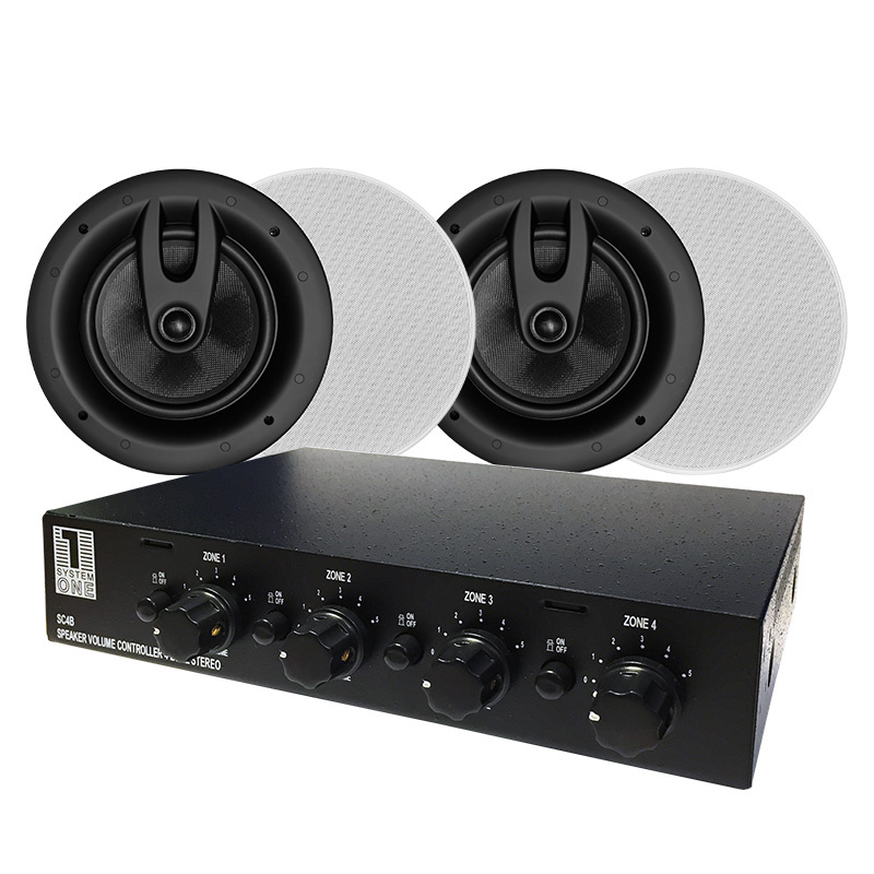 En ljudkontroll med fyra zoner och två takhögtalare.