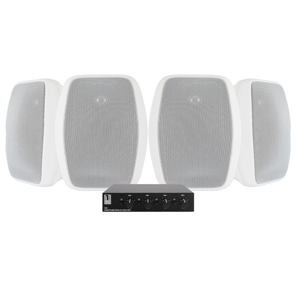 Högtalarväxel med två par vita högtalare och en svart kontrollenhet.