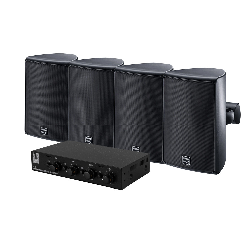 Två par utomhushögtalare och en förstärkare i svart.