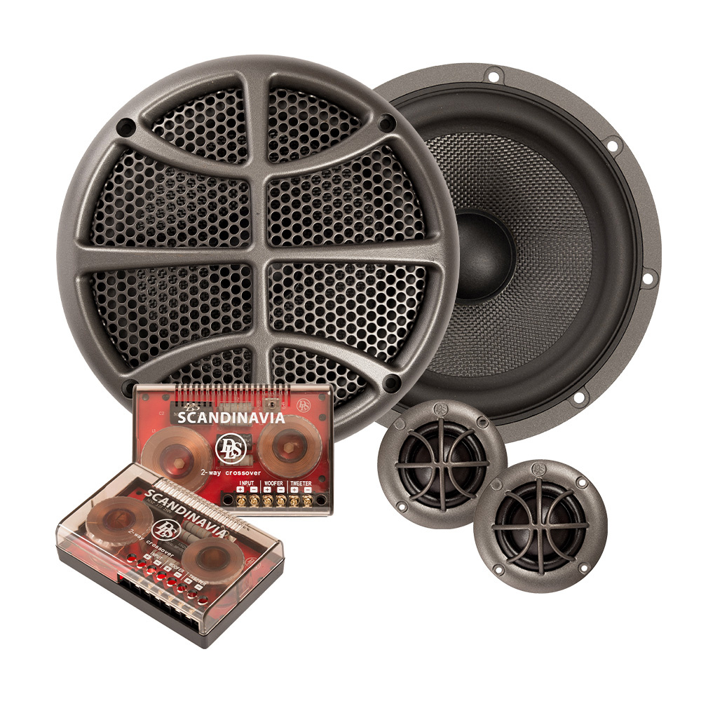 Högtalarsystem med 6.5 tum bas och två diskanter, inklusive crossover.