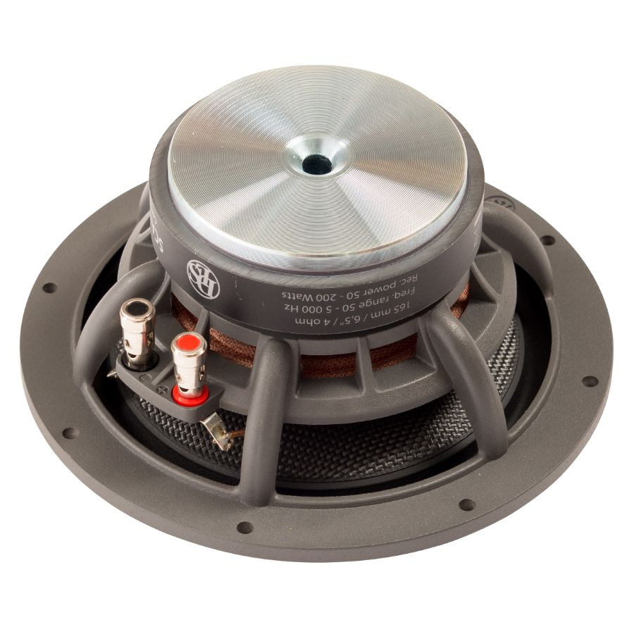 Högtalare med 6,5 tum kitsystem och rund design för ljudåtergivning.