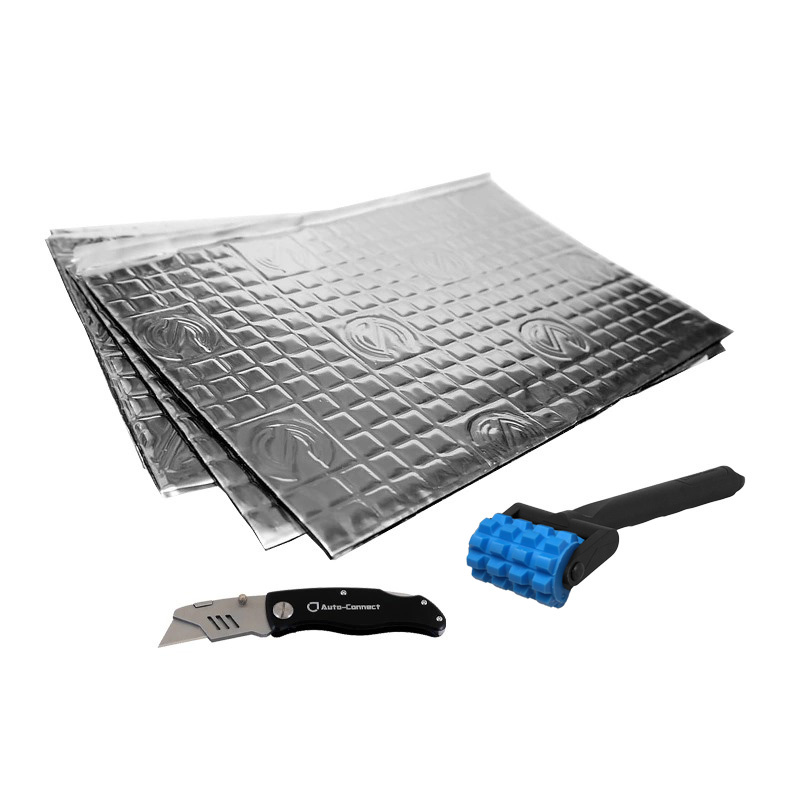 Dämpningspaket med plattor, kniv och appliceringsverktyg.