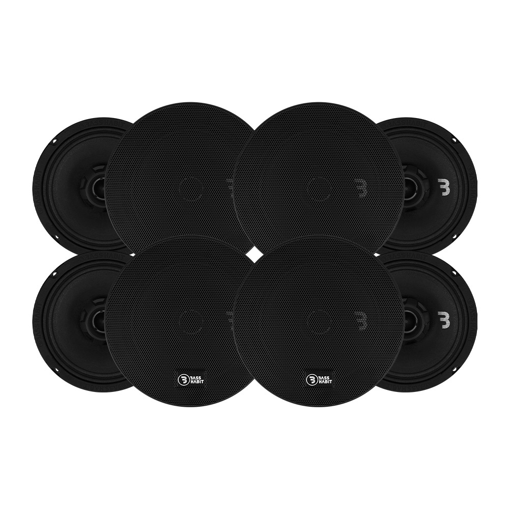 Åtta svarta koaxialhögtalare i ett paket.