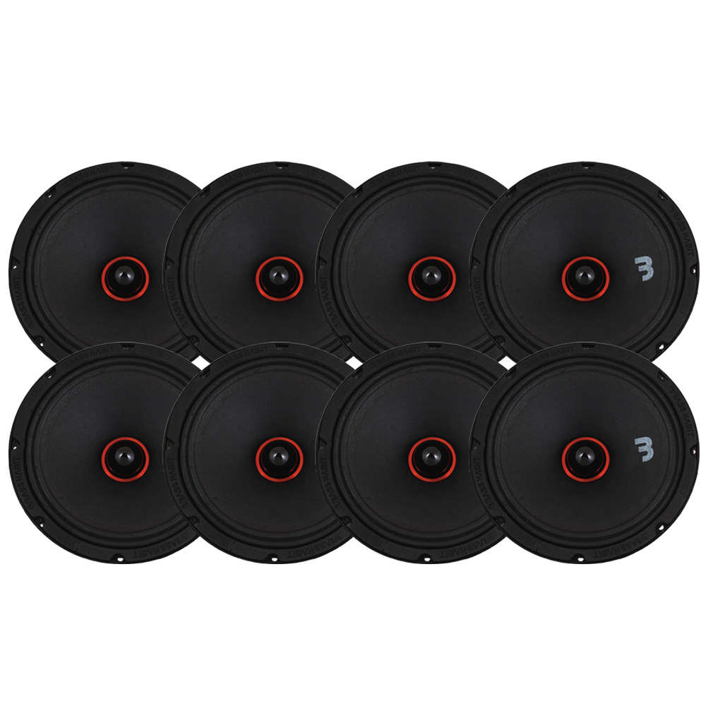 Åtta svarta midbasar med röd detalj i mitten.