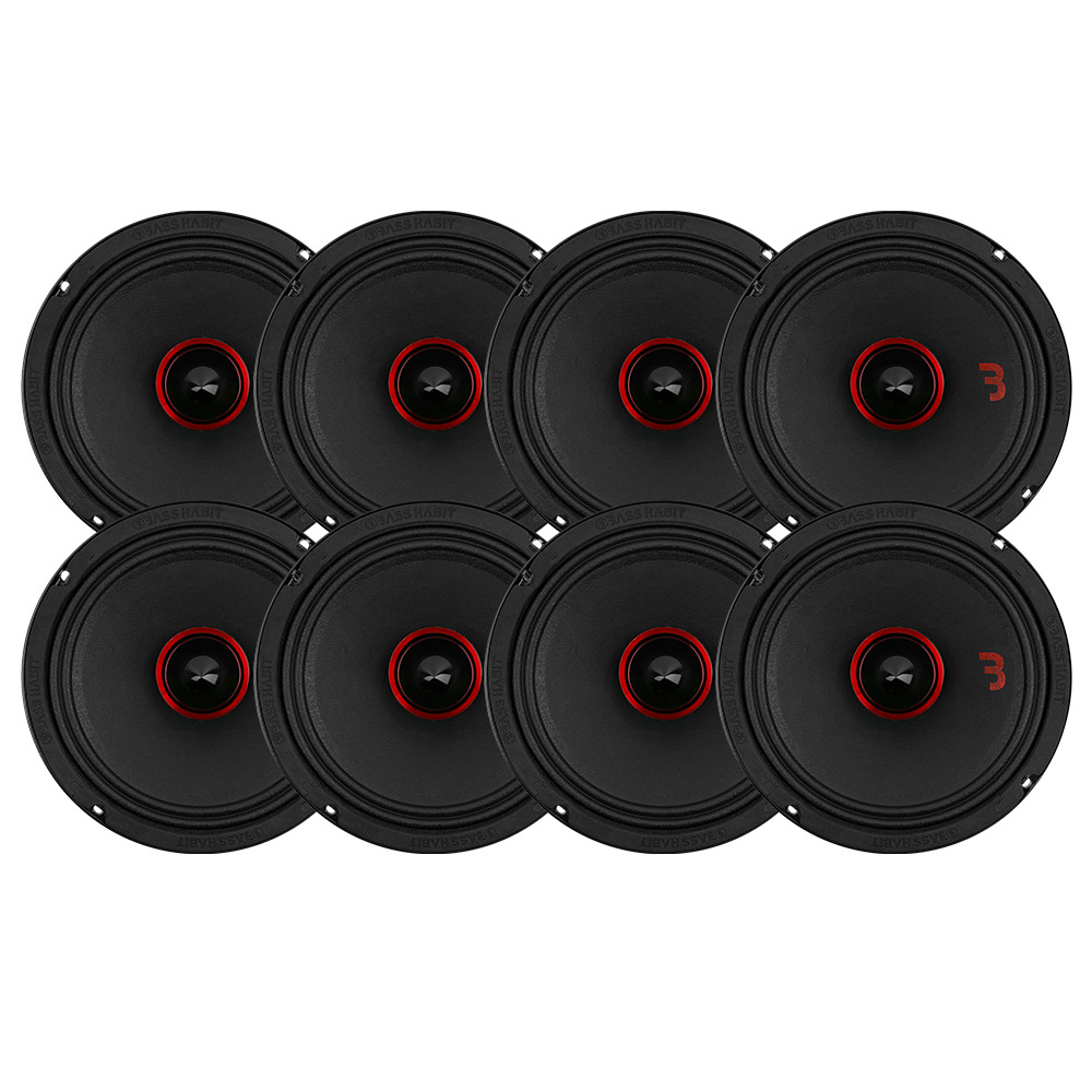 Åtta 8-tum midbas högtalare med svart och röd design.