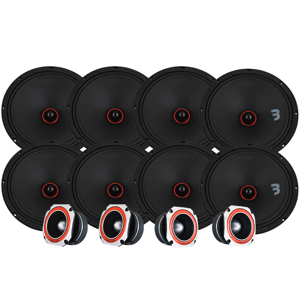 Högtalarpaket med åtta woofers och två diskanter för ljudsystem.