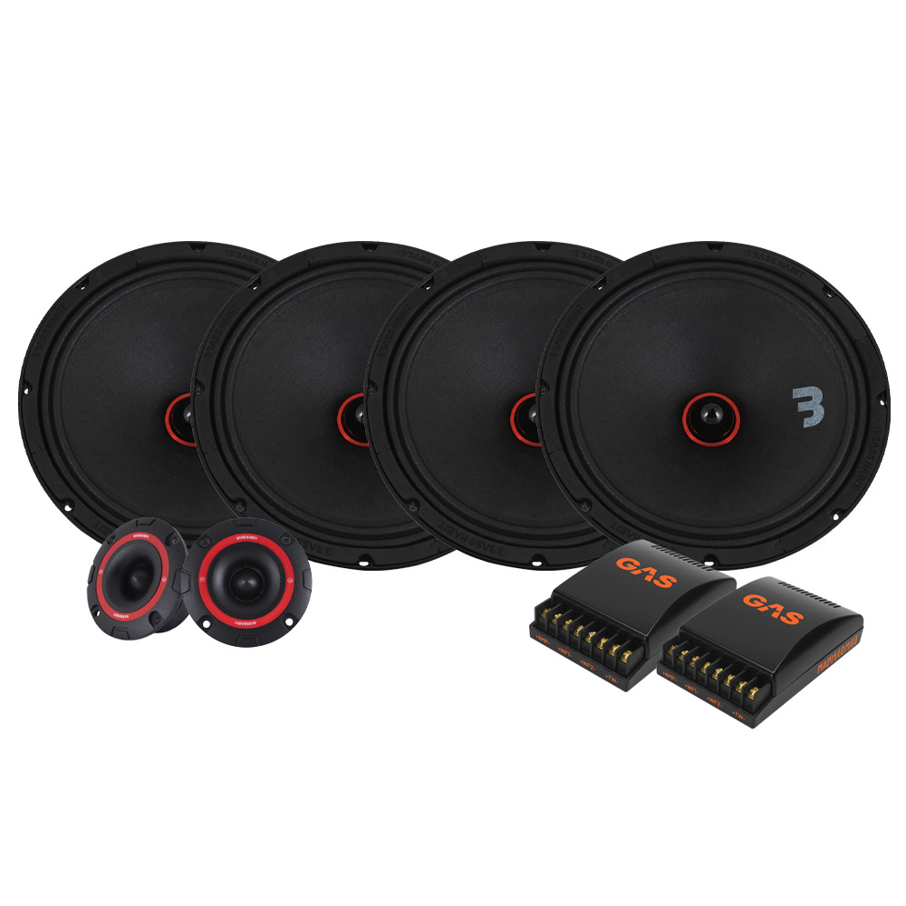 Högtalarpaket med fyra bas- och diskantelement för ljudsystem.