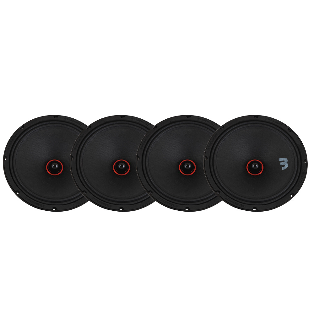 Fyra rundade midbashögtalare med svart och röd design.