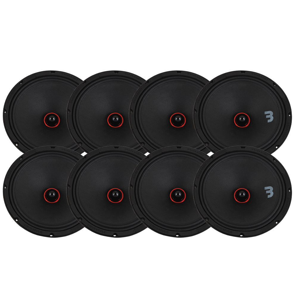 Åtta 10-tums midbaser med svart och röd design.