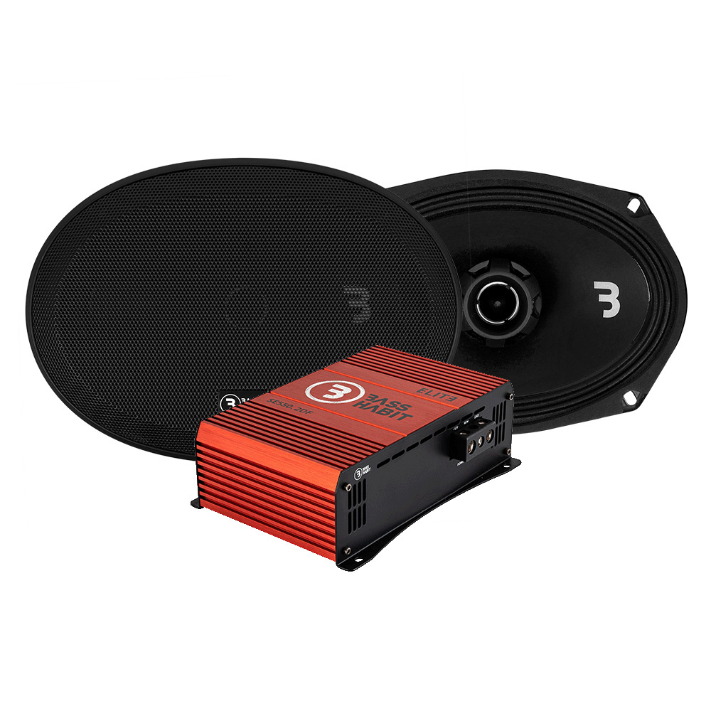 Högtalare och förstärkare i SPL-paket för ljudsystem.