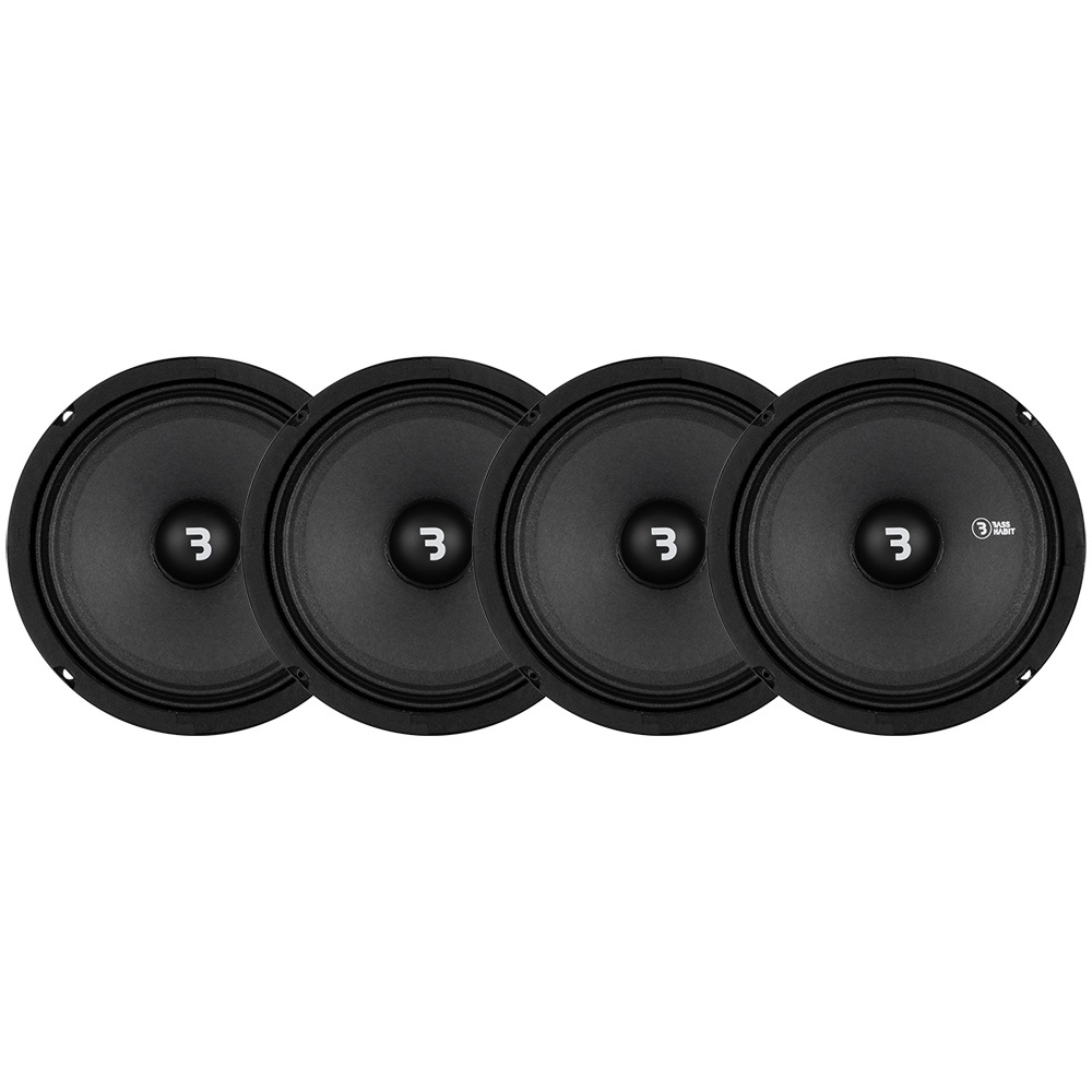 Fyra 6,5 tum midbashögtalare i svart med logotyp.