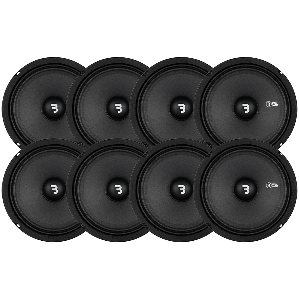 Ett paket med åtta 6.5-tums midbashögtalare i svart.