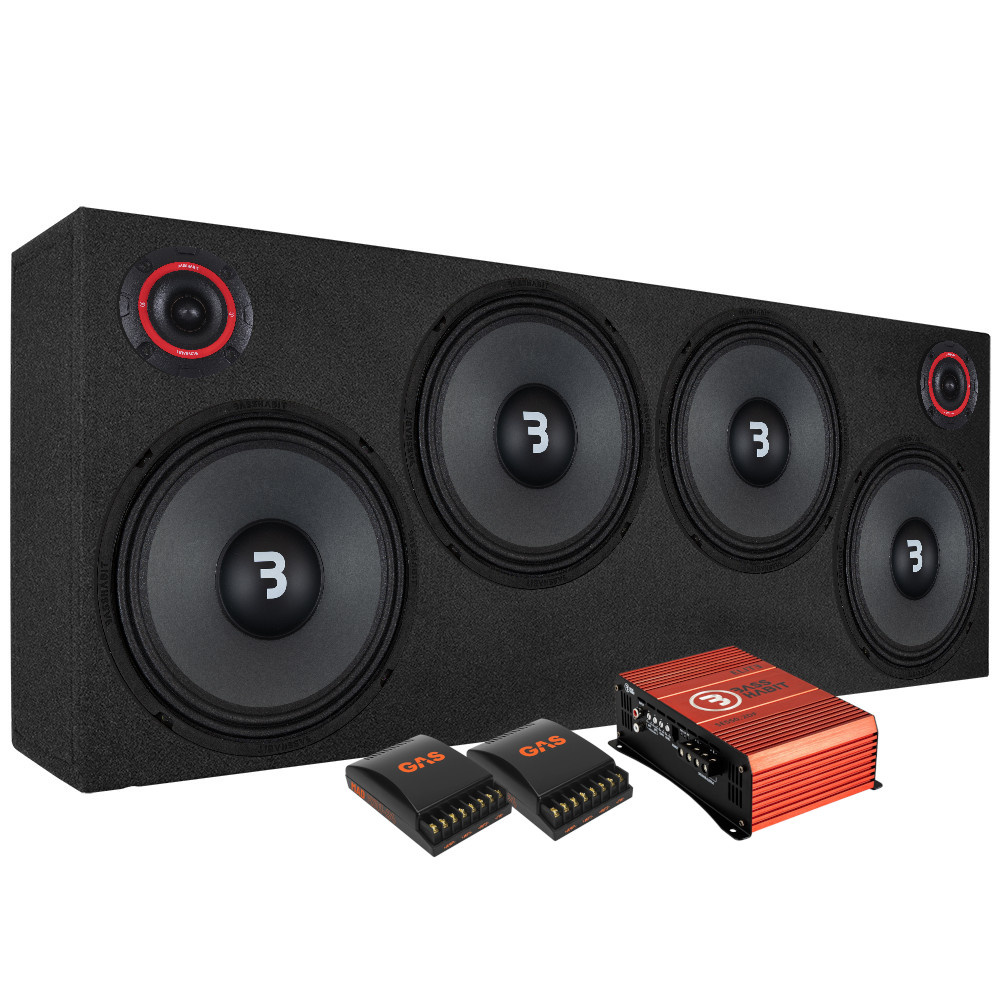Högtalarsystem med fyra 10-tums basar och förstärkare för djup lågfrekvent ljud.