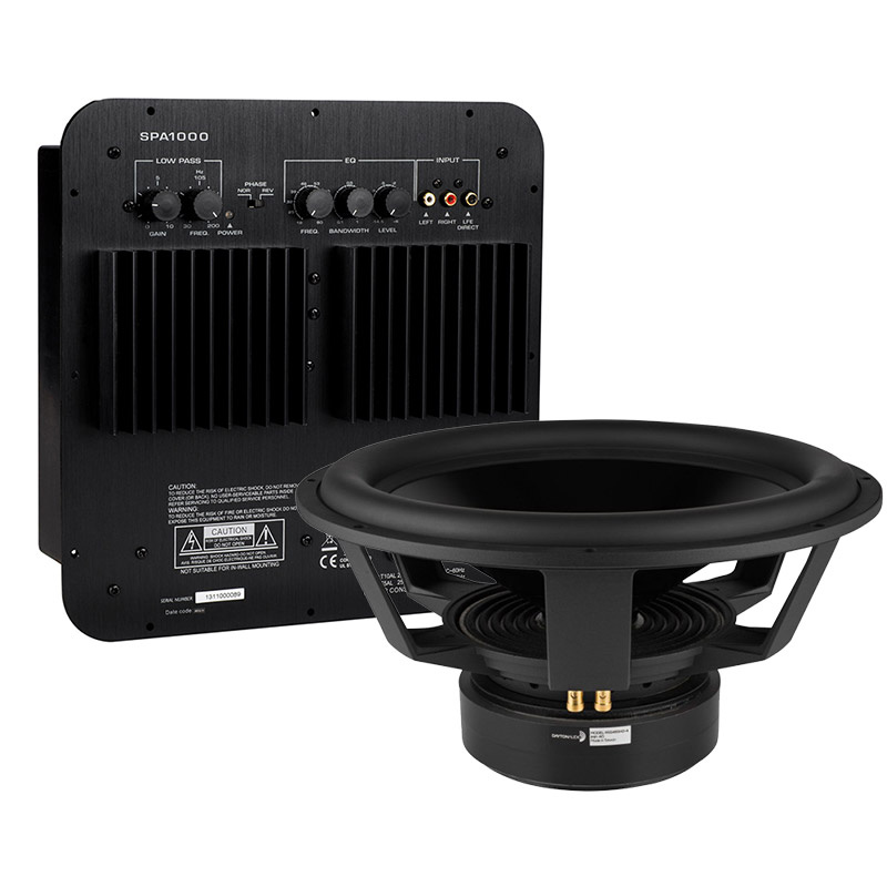En subwoofer (Dayton Audio RSS460HO-4) och förstärkare (SPA1000).