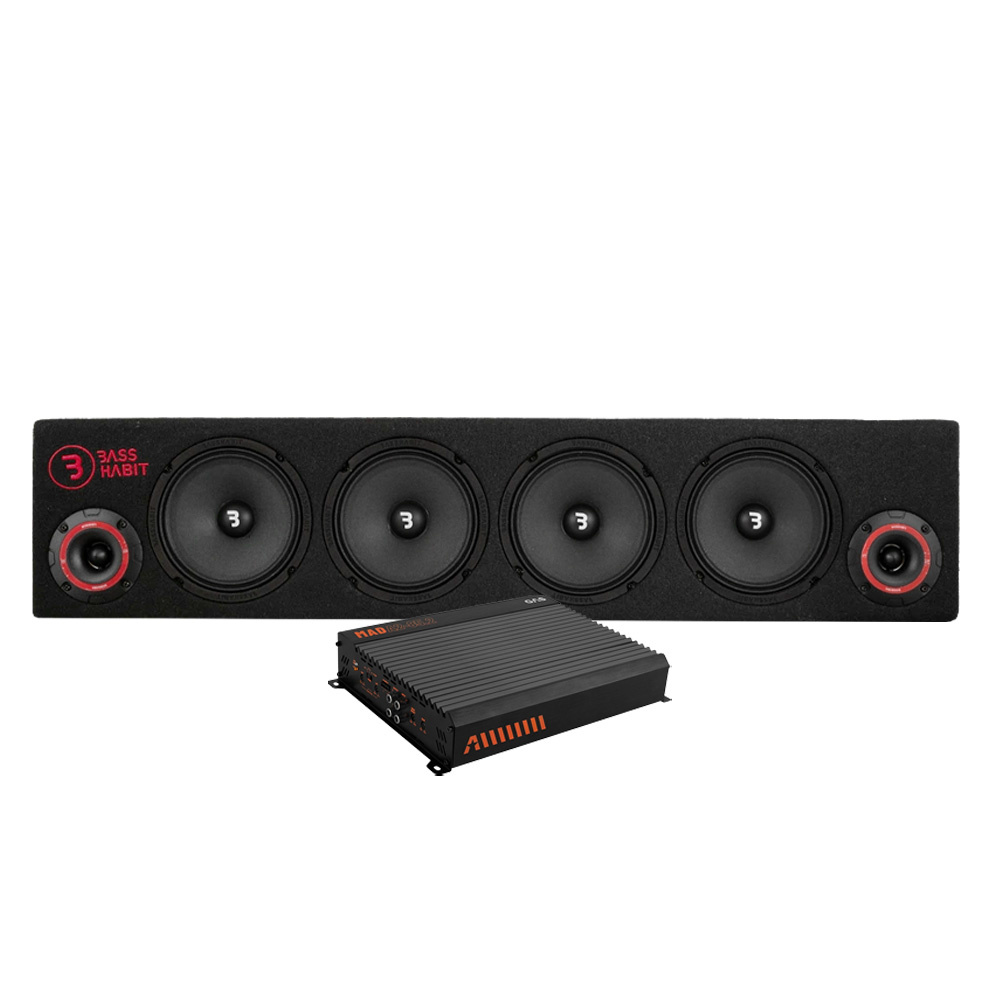 En bilkomponentsinstallation med fyra högtalare och en förstärkare.