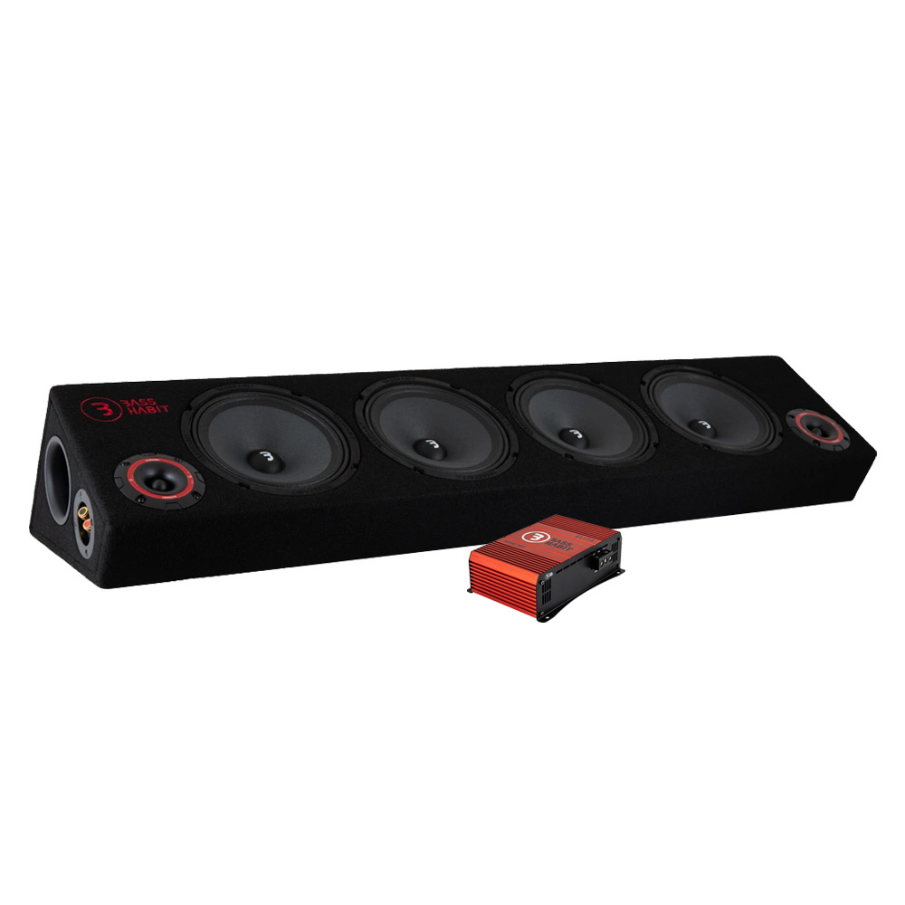 Högtalare med fyra element och förstärkare, designad för bilstereo.