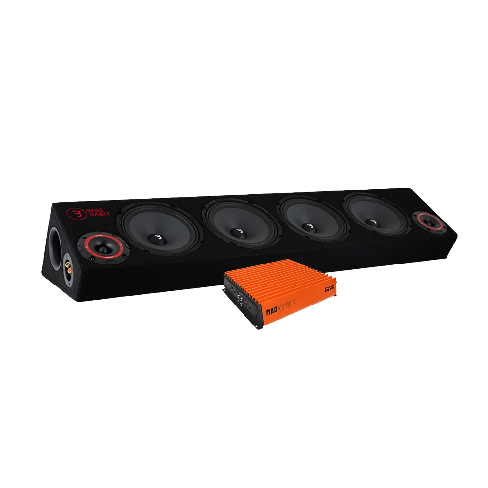 Bass Habit SPL64 raggarplanka med 4 högtalare och GAS MAD A1-70.2 förstärkare.