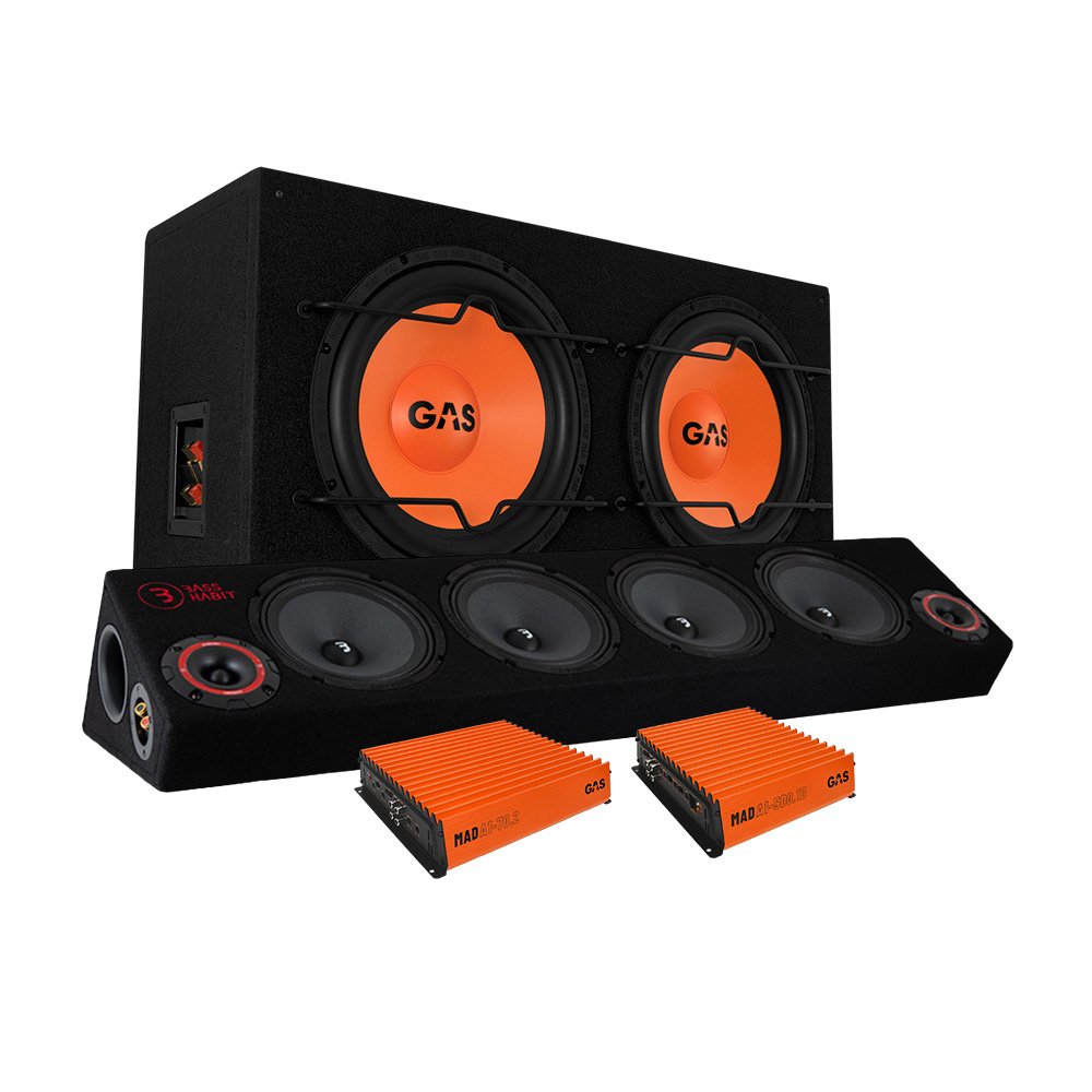 Två subwoofers och fyra högtalare med förstärkare. Röd-orange design.