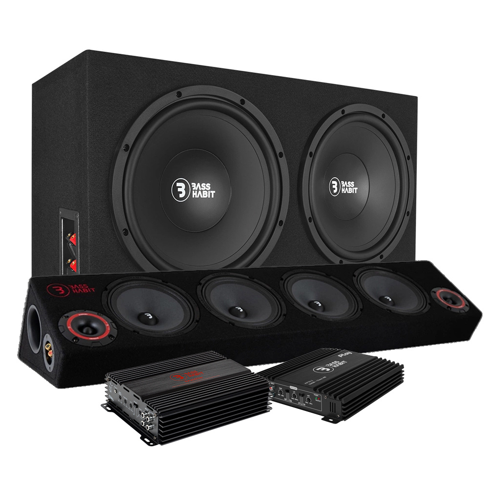 Bass Habit-raggarpaket med två baslådor och förstärkare.