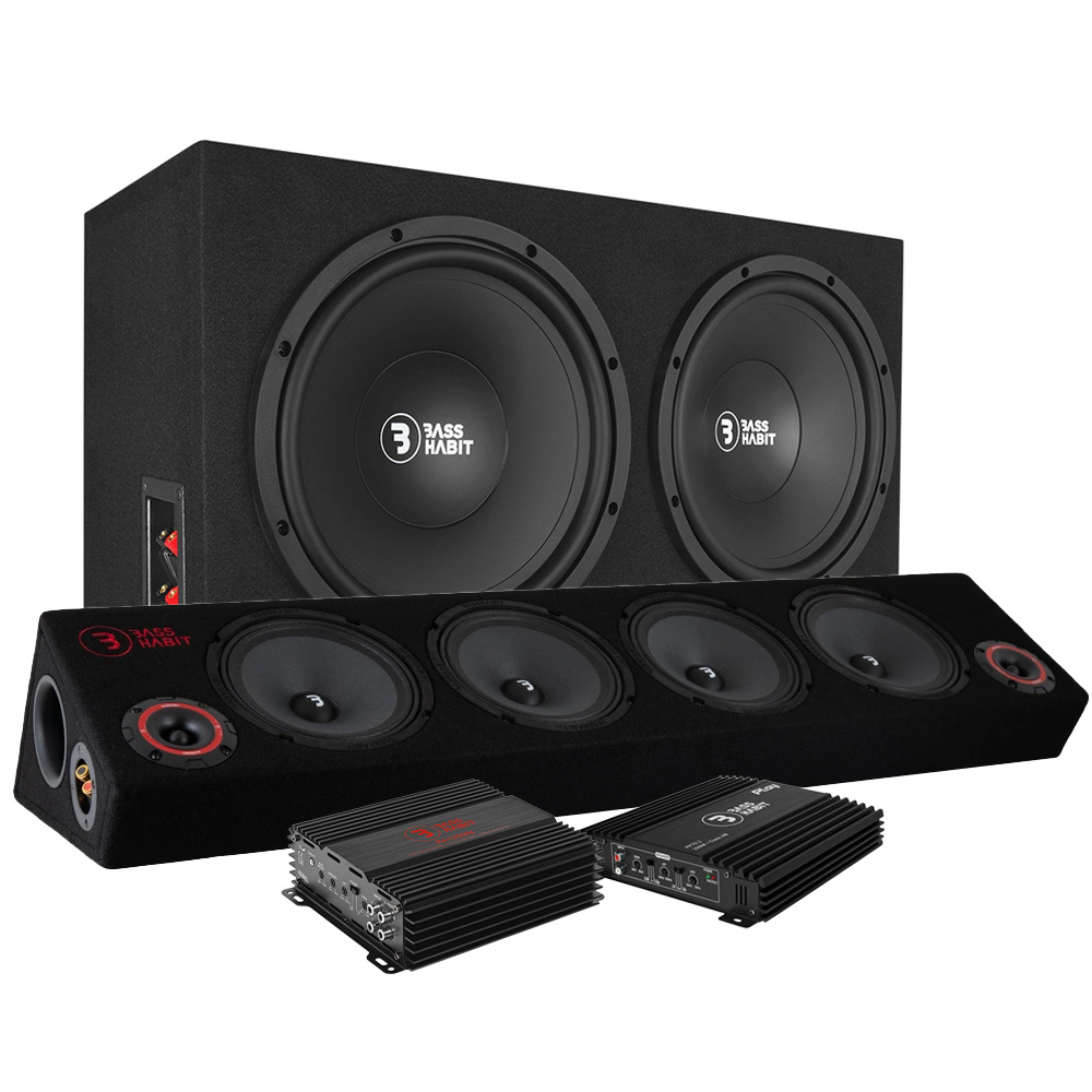 Bilden visar ett bassystem med subwoofers och förstärkare från Bass Habit.