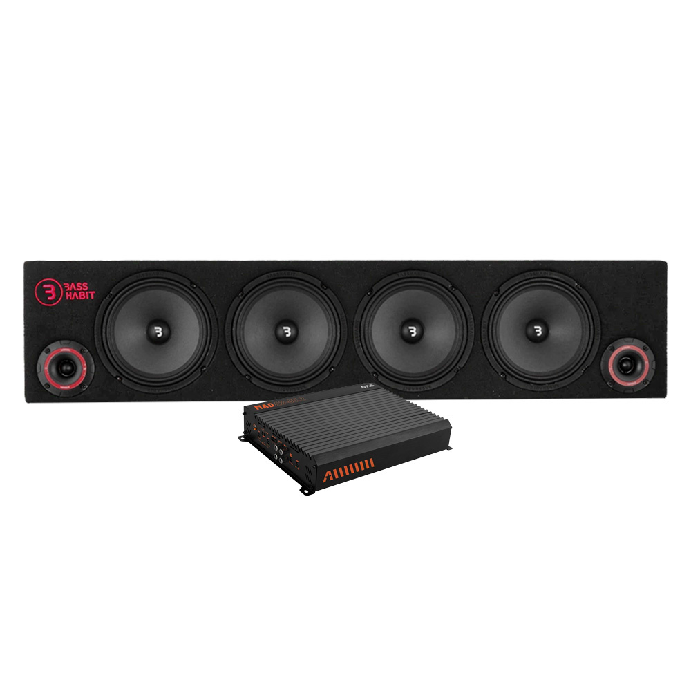 En högtalarlåda med tre subwoofers och en effektförstärkare.