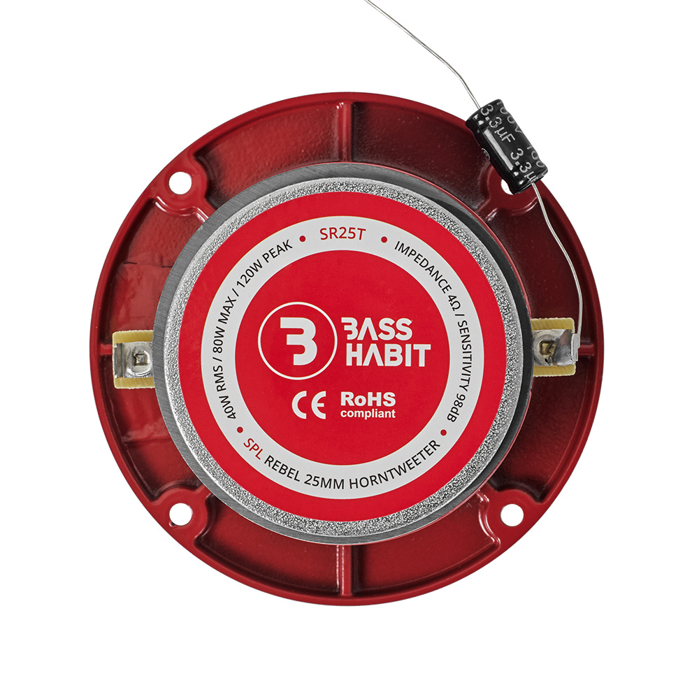 En högtalarenhet med röd baksida och specifikationer.