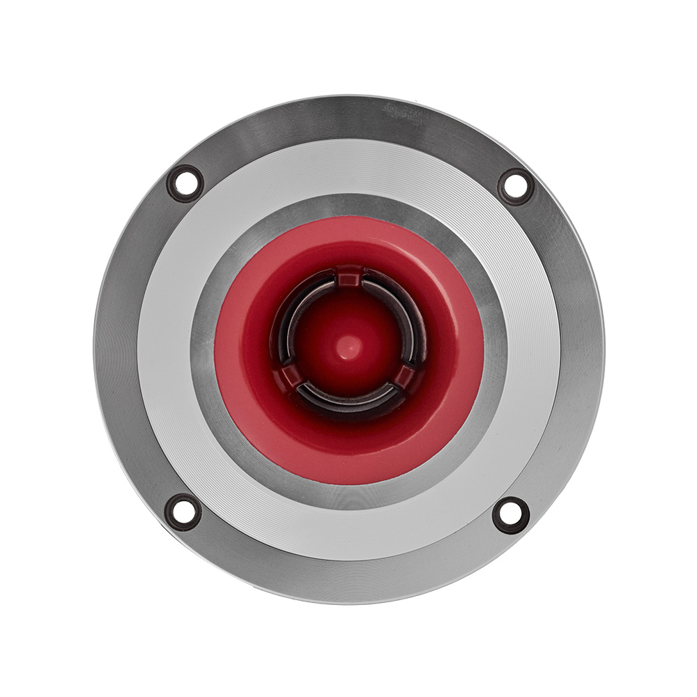 Högtalare med metallram och röd detalj i mitten.