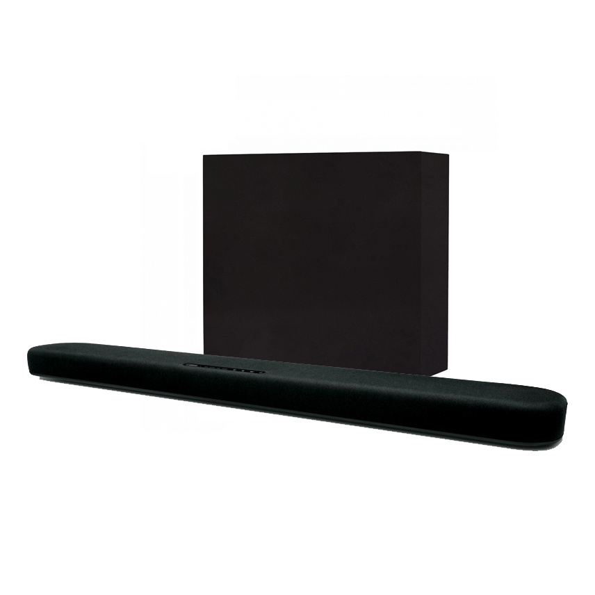 En svart soundbar och en svart subwoofer.