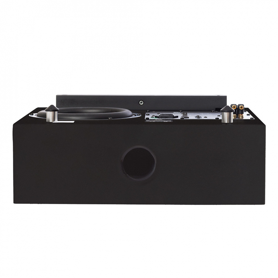 En svart soundbar med subwoofer och anslutningar.