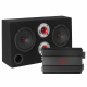 Bass Habit Rebel SRE62 & RA800W, raggarpaket En ljudanläggning med subwoofers och förstärkare i svart hus.