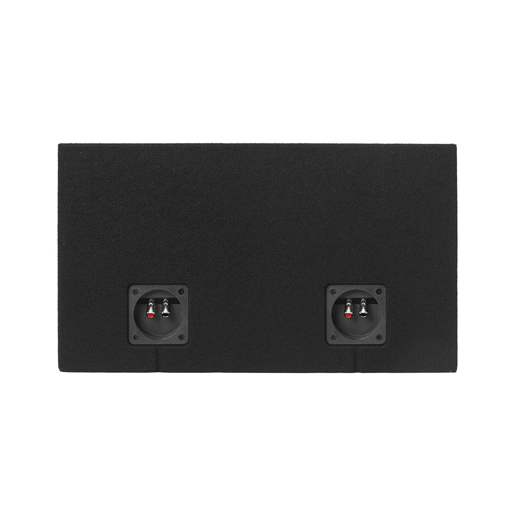 Svart högtalarlåda med två anslutningsportar.