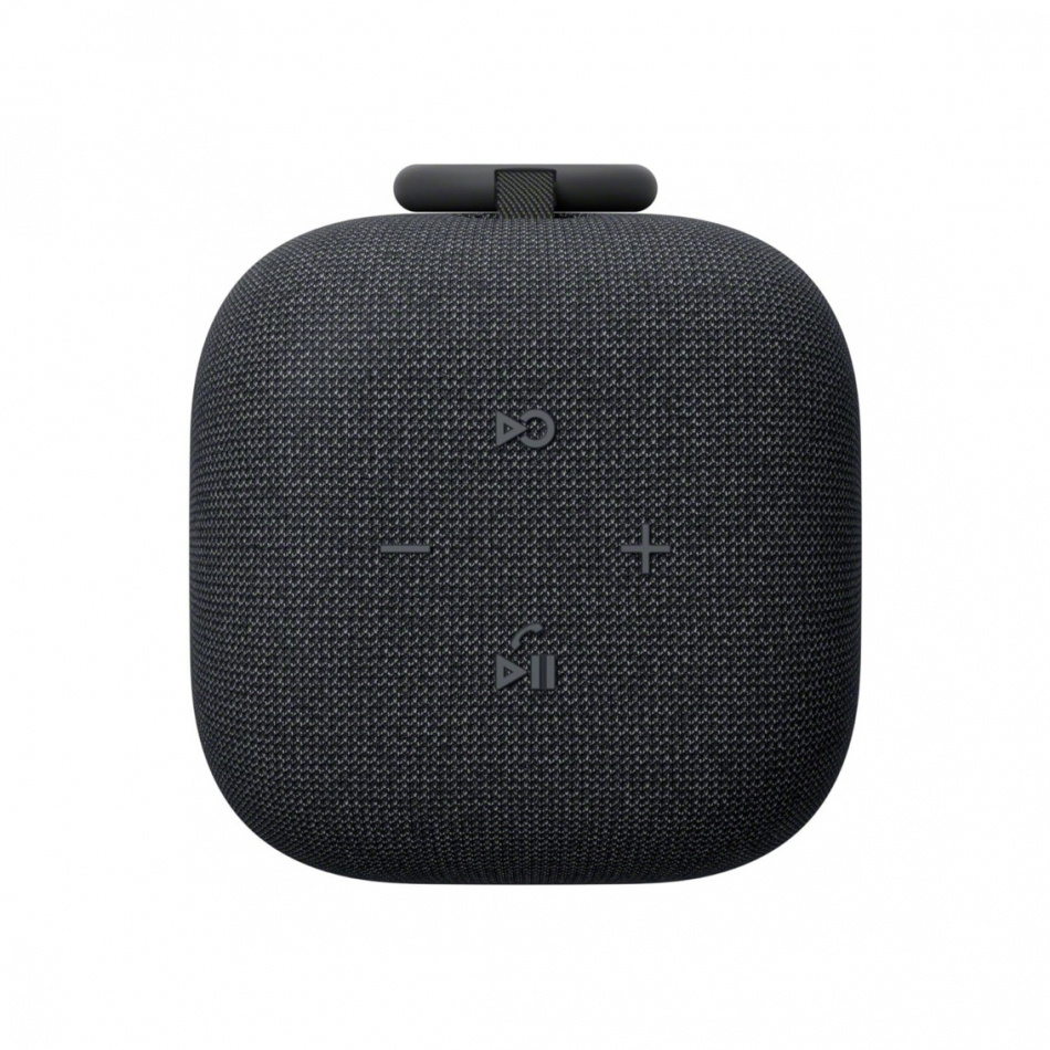 Trådlös bärbar högtalare i svart med knappar för ljudkontroll.