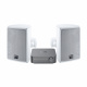 WiiM Amp & Magnat Symbol X-130 utomhushögtalare, vit Vit utomhushögtalare med grå förstärkare, hållare och nätaggregat.