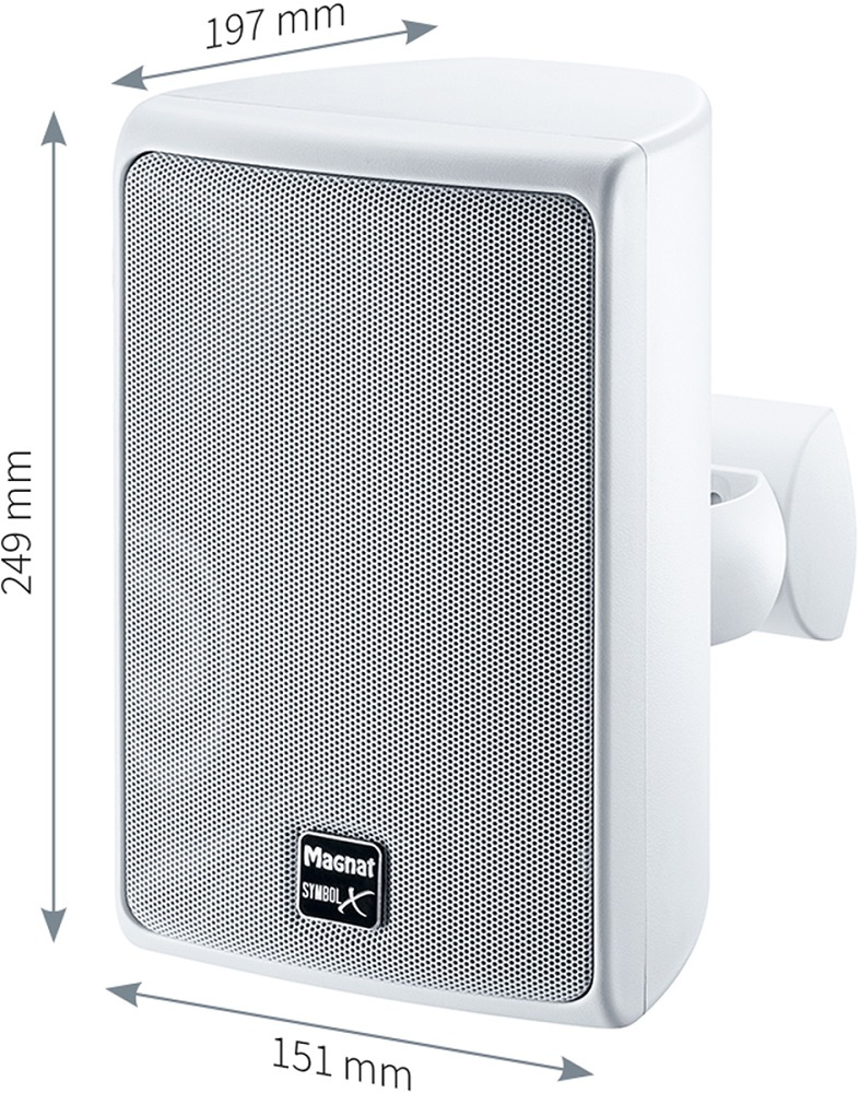 Vit utomhushögtalare med grill och monteringsfäste. Kompakt design.