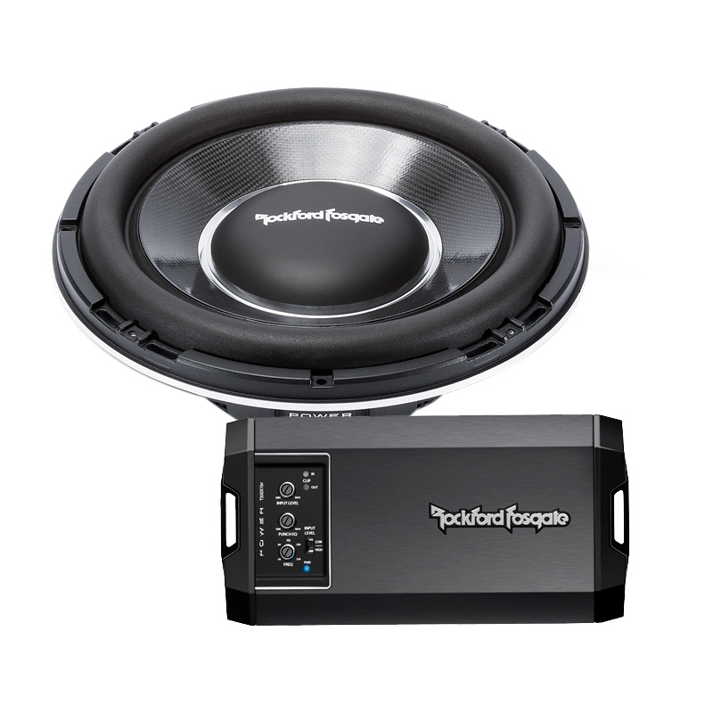 En subwoofer och förstärkare från Rockford Fosgate.