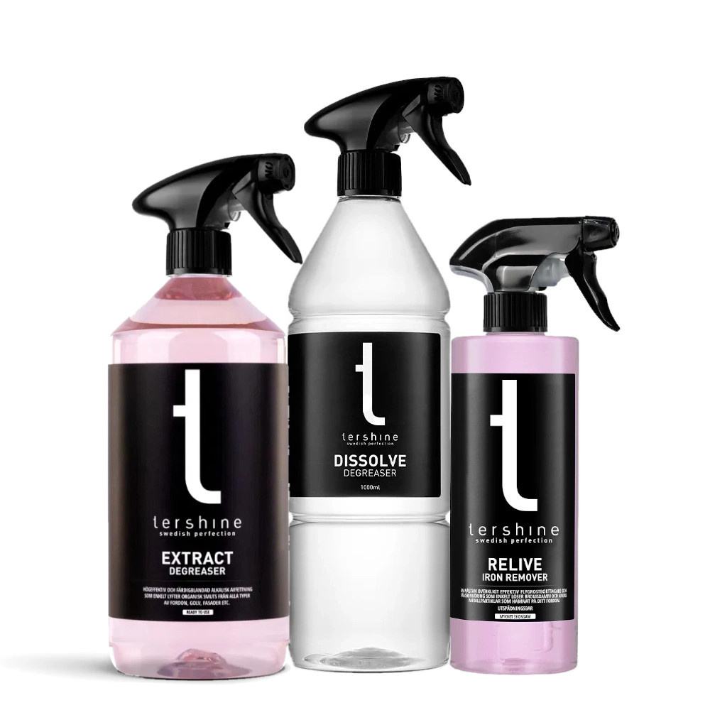 Tre flaskor med rengöringsprodukter för bilvård från Tershine.