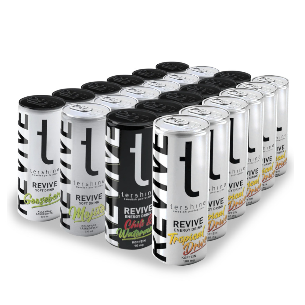 En samling burkar med olika smaker av Tershine Revive dryck.