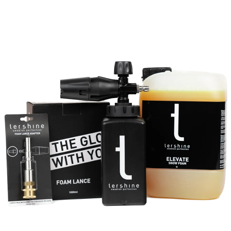 Skumpaket med foam lance, skumflaska och rengöringsmedel.