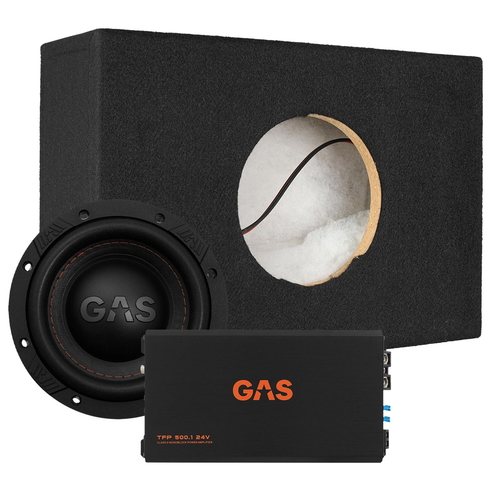 En tom baslåda med en GAS-högtalare och förstärkare.