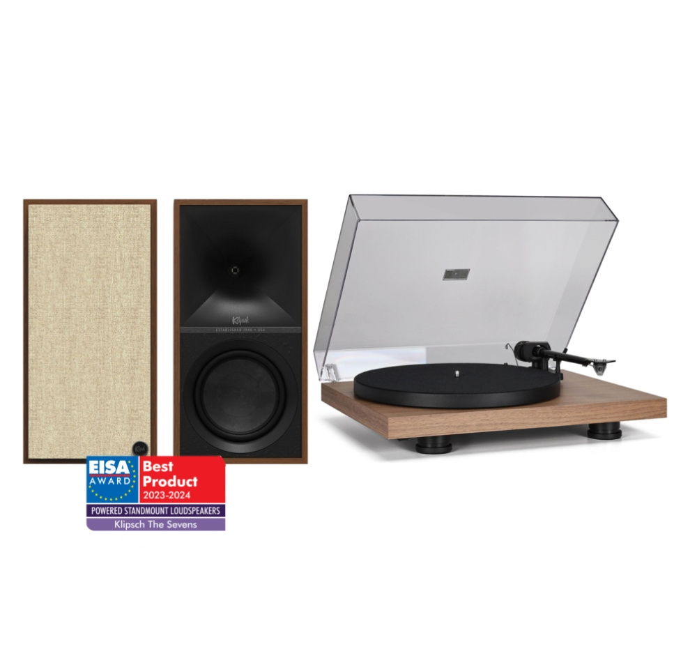 Klipsch The Sevens med Pro-Ject Debut EVO 2, vinylpaket i valnöt